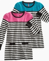 A bright, striped tunic from Takeout, made with just a touch of stretch fiber so she can wear it all day long. A bright, striped tunic from Takeout, made with just a touch of stretch fiber so she can wear it all day long.