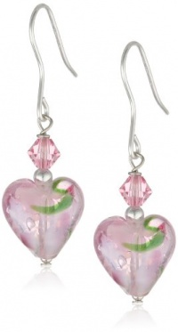 Sterling Silver Multi-Pink Crystal and Hand Blown Glass Heart Drop French Wire Earrings Sterling Silver Multi-Pink Crystal and Hand Blown Glass Heart Drop French Wire Earrings