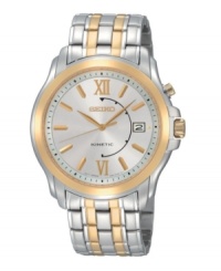 Self-motivated: Your own motion powers this kinetic Seiko watch in two-tone stainless steel. Stainless steel bracelet and round case. Gray dial features goldtone Roman numerals and stick indices, logo and date window. Kinetic® quartz movement. Water resistant to 30 meters. Three-year limited warranty. Self-motivated: Your own motion powers this kinetic Seiko watch in two-tone stainless steel. Stainless steel bracelet and round case. Gray dial features goldtone Roman numerals and stick indices, logo and date window. Kinetic® quartz movement. Water resistant to 30 meters. Three-year limited warranty.