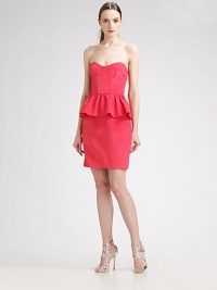 Party perfect and so feminine, this strapless style is treated to a ruffled peplum at the waist. Waist darts, front and back, for fit Concealed back zipper Fully lined About 18½ from natural waist Acetate/cotton; dry clean Made in USAOUR FIT MODEL RECOMMENDS ordering true size.. Party perfect and so feminine, this strapless style is treated to a ruffled peplum at the waist. Waist darts, front and back, for fit Concealed back zipper Fully lined About 18½ from natural waist Acetate/cotton; dry clean Made in USAOUR FIT MODEL RECOMMENDS ordering true size..