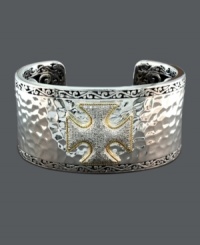 Style and spirit combine. This medieval-inspired bangle from Balissima by Effy Collection features a cross center, intricate filigree edges, and sparkling round-cut diamonds (5/8 ct. t.w.). Crafted in sterling silver with 18k gold accents. Bracelet features an open-cut design that slips on and off the wrist. Approximate width: 1-1/2 inches. Approximate diameter: 2-1/2 inches. Style and spirit combine. This medieval-inspired bangle from Balissima by Effy Collection features a cross center, intricate filigree edges, and sparkling round-cut diamonds (5/8 ct. t.w.). Crafted in sterling silver with 18k gold accents. Bracelet features an open-cut design that slips on and off the wrist. Approximate width: 1-1/2 inches. Approximate diameter: 2-1/2 inches.