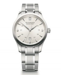 An uncomplicated design to outlast trends. Alliance watch by Victorinox Swiss Army crafted of stainless steel bracelet and round case. Anti-reflective, triple-coated sapphire crystal. Silver tone dial features applied silver tone numerals and indices at markers, minute track, military time, date window at six o'clock, three hands and logo. Swiss quartz movement. Water resistant to 100 meters. Three-year limited warranty. An uncomplicated design to outlast trends. Alliance watch by Victorinox Swiss Army crafted of stainless steel bracelet and round case. Anti-reflective, triple-coated sapphire crystal. Silver tone dial features applied silver tone numerals and indices at markers, minute track, military time, date window at six o'clock, three hands and logo. Swiss quartz movement. Water resistant to 100 meters. Three-year limited warranty.