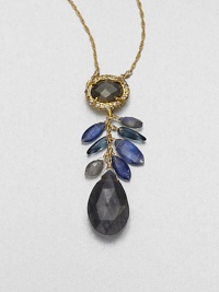 From the Elements Siyabona Collection. One bold faceted teardrop and a cluster of tiny faceted leaves hang from a deeply colored oval framed in Swarovski crystals, all on a graceful golden chain.CrystalLabradorite, blue kynite and pyriteGoldtoneLength, about 16 with 3 extenderLobster claspMade in USA From the Elements Siyabona Collection. One bold faceted teardrop and a cluster of tiny faceted leaves hang from a deeply colored oval framed in Swarovski crystals, all on a graceful golden chain.CrystalLabradorite, blue kynite and pyriteGoldtoneLength, about 16 with 3 extenderLobster claspMade in USA