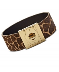 Stretch out your style with this giraffe-inspired wrist bracelet from Fossil. Crafted in printed leather with a brass tone turnlock closure. Approximate length: 8-1/4 inches. Stretch out your style with this giraffe-inspired wrist bracelet from Fossil. Crafted in printed leather with a brass tone turnlock closure. Approximate length: 8-1/4 inches.