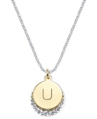 Letter perfection. This sterling silver necklace holds a pendant set in 14k gold and sterling silver plated topped with a U and adorned with crystal for a stunning statement. Approximate length: 18 inches. Approximate drop: 7/8 inch. Approximate drop width: 5/8 inch. Letter perfection. This sterling silver necklace holds a pendant set in 14k gold and sterling silver plated topped with a U and adorned with crystal for a stunning statement. Approximate length: 18 inches. Approximate drop: 7/8 inch. Approximate drop width: 5/8 inch.