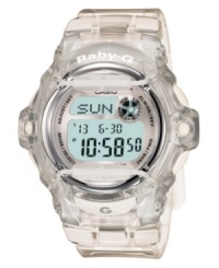 Clearly chic, this Baby-G watch will add to your style, anytime. Clear resin strap and round case. Shock-resistant, digital display dial with backlight, world time, counter, alarms, countdown, stopwatch, calendar and logo. Quartz movement. Water resistant to 200 meters. One-year limited warranty. Clearly chic, this Baby-G watch will add to your style, anytime. Clear resin strap and round case. Shock-resistant, digital display dial with backlight, world time, counter, alarms, countdown, stopwatch, calendar and logo. Quartz movement. Water resistant to 200 meters. One-year limited warranty.