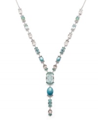 Stir up a style sensation in a fresh splash of blue. Y-shaped necklace by Swarovski features sparkling light blue crystals set in palladium plated mixed metal. Approximate length: 19 inches.