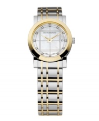 This Burberry watch features a silvertone and goldtone stainless steel bracelet and round case. Check-etched silvertone dial with logo, date window, two goldtone hands and diamond-accented indices. Swiss made. Swiss movement. Water resistant to 50 meters. Two-year limited warranty. This Burberry watch features a silvertone and goldtone stainless steel bracelet and round case. Check-etched silvertone dial with logo, date window, two goldtone hands and diamond-accented indices. Swiss made. Swiss movement. Water resistant to 50 meters. Two-year limited warranty.