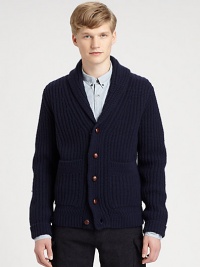 Undeniable style and comfort defines this classic cardigan sweater, impeccably knitted from fine lambswool with large patch pockets at the waist for added warmth.Button-frontShawl collarWaist patch pocketsRibbed knit cuffs and hemLambswoolDry cleanImported Undeniable style and comfort defines this classic cardigan sweater, impeccably knitted from fine lambswool with large patch pockets at the waist for added warmth.Button-frontShawl collarWaist patch pocketsRibbed knit cuffs and hemLambswoolDry cleanImported