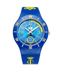 Tangled up in blue. Vibrant Taylor watch by Juicy Couture crafted of blue synthetic jelly bracelet with yellow logo and round plastic case with yellow numerals and crown logo at bezel. Blue dial features yellow numerals, minute track, Watch Your Couture at six o'clock, crown logo at center and three luminous hands. Quartz movement. Water resistant to 30 meters. Two-year limited warranty. Tangled up in blue. Vibrant Taylor watch by Juicy Couture crafted of blue synthetic jelly bracelet with yellow logo and round plastic case with yellow numerals and crown logo at bezel. Blue dial features yellow numerals, minute track, Watch Your Couture at six o'clock, crown logo at center and three luminous hands. Quartz movement. Water resistant to 30 meters. Two-year limited warranty.
