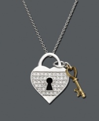 A perfect blend of silver and gold, this heart lock and key pendant is sure to melt her heart. Necklace features an 18k gold key charm and a sterling silver and round-cut diamond (1/5 ct. t.w.) encrusted heart lock. Approximate length: 18 inches. Approximate drop: 7/8 inch. A perfect blend of silver and gold, this heart lock and key pendant is sure to melt her heart. Necklace features an 18k gold key charm and a sterling silver and round-cut diamond (1/5 ct. t.w.) encrusted heart lock. Approximate length: 18 inches. Approximate drop: 7/8 inch.