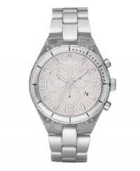 Keep the spring in your step with this lightweight watch by adidas. Silver tone aluminum bracelet and round clear nylon plastic case with silver tone bezel. White grid-patterned chronograph dial features silver tone numerals at three, six and nine o'clock, stick indices, date window at four o'clock, three subdials, luminous hands and logo. Quartz movement. Water resistant to 50 meters. Two-year limited warranty. Keep the spring in your step with this lightweight watch by adidas. Silver tone aluminum bracelet and round clear nylon plastic case with silver tone bezel. White grid-patterned chronograph dial features silver tone numerals at three, six and nine o'clock, stick indices, date window at four o'clock, three subdials, luminous hands and logo. Quartz movement. Water resistant to 50 meters. Two-year limited warranty.