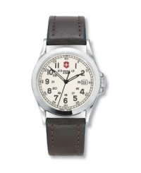 When only a classic will do, then this is the watch for you! The round, ivory dial and brown leather strap with tonal stitching radiate utilitarian elegance. Features analog quartz movement, mineral crystal, steel case, luminous hands, screw-in case back and date function. Water resistant up to 330 feet. Three-year limited warranty. When only a classic will do, then this is the watch for you! The round, ivory dial and brown leather strap with tonal stitching radiate utilitarian elegance. Features analog quartz movement, mineral crystal, steel case, luminous hands, screw-in case back and date function. Water resistant up to 330 feet. Three-year limited warranty.