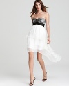 A romantic lace bodice tops off a tiered skirt of flowing chiffon on this elegantly contrasting Max & Cleo strapless dress.