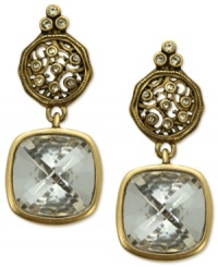 Cushion-cut crystals are adorned by ornate scroll disks with glittering crystal accents on these Essentials collection drop earrings from T Tahari. Nickel-free for sensitive skin. Set in 14k gold-plated mixed metal. Approximate drop: 1-1/2 inches. Cushion-cut crystals are adorned by ornate scroll disks with glittering crystal accents on these Essentials collection drop earrings from T Tahari. Nickel-free for sensitive skin. Set in 14k gold-plated mixed metal. Approximate drop: 1-1/2 inches.