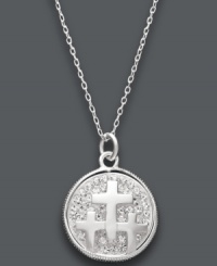 Three things to live by. This sentimental pendant features a sterling silver and sparkling crystal cross design with the engraved words Faith, Hope, and Love. Approximate length: 18 inches. Approximate drop: 1 inch.