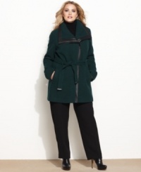 Calvin Klein redefines minimalist chic with this elegant plus size coat. The faux-leather trim adds appealing edge. Calvin Klein redefines minimalist chic with this elegant plus size coat. The faux-leather trim adds appealing edge.