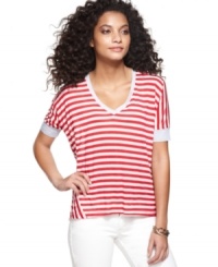 Sporty stripes update Cha Cha Vente's chic, stretch jersey tee! Pair with white capris or slim jeans for a classic look. Sporty stripes update Cha Cha Vente's chic, stretch jersey tee! Pair with white capris or slim jeans for a classic look.
