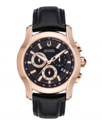Showcase your standard for excellence with this handsome Stratford collection watch by Bulova Accutron. Black croc-embossed leather strap and round rose gold tone stainless steel case with curved sapphire crystal. Black chronograph dial features tachymeter scale, rose gold tone stick indices, minute track, date window at four o'clock, three subdials, luminous hands and logo. Swiss quartz movement. Water resistant to 50 meters. Five-year limited warranty. Showcase your standard for excellence with this handsome Stratford collection watch by Bulova Accutron. Black croc-embossed leather strap and round rose gold tone stainless steel case with curved sapphire crystal. Black chronograph dial features tachymeter scale, rose gold tone stick indices, minute track, date window at four o'clock, three subdials, luminous hands and logo. Swiss quartz movement. Water resistant to 50 meters. Five-year limited warranty.