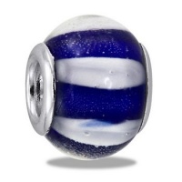 Unique Blue/White Striped Fimo Art Glass European/Memory Charm Double Sterling Layered Bead - Fits Pandora Bracelets