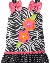 Youngland Baby-Girls Infant Sleeveless Animal Print Sundress With 3d Flowers and Bows at Shoulders, Black/White/Multi, 12 Months