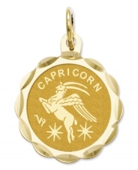 Tell everyone your sign in style! This scalloped and polished disc charm features the Capricorn Zodiac in 14k gold. Chain not included. Approximate length: 9/10 inch. Approximate width: 3/5 inch. Tell everyone your sign in style! This scalloped and polished disc charm features the Capricorn Zodiac in 14k gold. Chain not included. Approximate length: 9/10 inch. Approximate width: 3/5 inch.