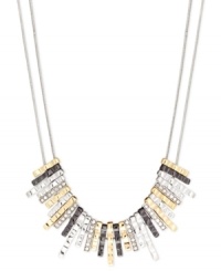 Bold and beautiful. Nine West's frontal necklace, crafted from gold-tone, silver-tone and hematite-tone mixed metal dazzles. Glass crystal stones only enhance the appeal. Approximate length: 16 inches + 2-inch extender. Approximate drop: 2 inches. Bold and beautiful. Nine West's frontal necklace, crafted from gold-tone, silver-tone and hematite-tone mixed metal dazzles. Glass crystal stones only enhance the appeal. Approximate length: 16 inches + 2-inch extender. Approximate drop: 2 inches.