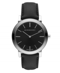This Burberry timepiece features a black leather strap and round stainless steel case with sapphire crystal. Textured black dial with smooth sunray inner dial features silver tone stick indices, two hands and logo. Swiss quartz movement. Water resistant to 30 meters. Two-year limited warranty. This Burberry timepiece features a black leather strap and round stainless steel case with sapphire crystal. Textured black dial with smooth sunray inner dial features silver tone stick indices, two hands and logo. Swiss quartz movement. Water resistant to 30 meters. Two-year limited warranty.
