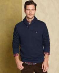 Don't let your fall fashion sink. Let this shawl collar sweater from Tommy Hilfiger buoy your layered look. Don't let your fall fashion sink. Let this shawl collar sweater from Tommy Hilfiger buoy your layered look.
