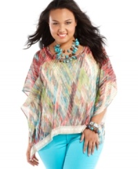 Designed in gauzy chiffon and flaunting a super-cute knit trim, this colorful plus size poncho from Eyeshadow is a perfect layer for a season of sunshine! Designed in gauzy chiffon and flaunting a super-cute knit trim, this colorful plus size poncho from Eyeshadow is a perfect layer for a season of sunshine!