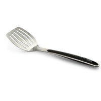 Crafted from stainless steel with heat-resistant soft-touch silicone accents, this Calphalon turner is comfortable where it should be: in the handle, and the flexible head will slide easily under food. Their long handles and generous size make maneuvering in the kitchen faster and safer. All edges are tapered for easy turning. Crafted from stainless steel with heat-resistant soft-touch silicone accents, this Calphalon turner is comfortable where it should be: in the handle, and the flexible head will slide easily under food. Their long handles and generous size make maneuvering in the kitchen faster and safer. All edges are tapered for easy turning.