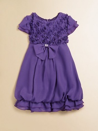 She'll be the center of your attention in this frilly, flouncy chiffon dress with rosette bodice, bubble skirt and bow with diamonte detail.Round necklineShort flutter sleevesBack zipperWaistband with bow and back sashRuffled hemPolyesterDry cleanImported She'll be the center of your attention in this frilly, flouncy chiffon dress with rosette bodice, bubble skirt and bow with diamonte detail.Round necklineShort flutter sleevesBack zipperWaistband with bow and back sashRuffled hemPolyesterDry cleanImported