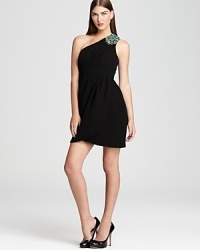 Neon crystals give electric edge to Shoshanna's bold, one-shouldered dress--chic, modern and utterly of-the-moment. Neon crystals give electric edge to Shoshanna's bold, one-shouldered dress--chic, modern and utterly of-the-moment.