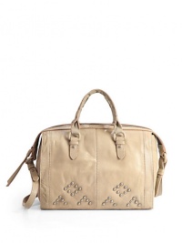 THE LOOKStudded double top handlesRemovable crossbody strap with studded shoulder insertTop zip closureFront logo-embossed leather detailDiamond-patterned dome studs on the bottomTwo inside open pocketsOne inside zip pocketInside logo detailTHE MEASUREMENTDouble top handles, 4Crossbody strap, 23 drop12W X 8H X 5DTHE MATERIALLeatherLogo printed liningORIGINImported THE LOOKStudded double top handlesRemovable crossbody strap with studded shoulder insertTop zip closureFront logo-embossed leather detailDiamond-patterned dome studs on the bottomTwo inside open pocketsOne inside zip pocketInside logo detailTHE MEASUREMENTDouble top handles, 4Crossbody strap, 23 drop12W X 8H X 5DTHE MATERIALLeatherLogo printed liningORIGINImported