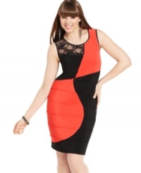 Sizzle in Love Squared's totally on-trend plus size bandage dress, featuring lace and colorblocking! Sizzle in Love Squared's totally on-trend plus size bandage dress, featuring lace and colorblocking!