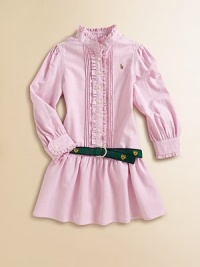 A classic oxford shirt is transformed into a precious dress with ruffled trim, pretty pintucks and gently puffed sleeves.Mockneck with ruffled trimLong, gently puffed sleevesButton-frontDrop-waist with removable ribbon beltA-line skirtCottonMachine washImported Please note: Number of buttons may vary depending on size ordered. A classic oxford shirt is transformed into a precious dress with ruffled trim, pretty pintucks and gently puffed sleeves.Mockneck with ruffled trimLong, gently puffed sleevesButton-frontDrop-waist with removable ribbon beltA-line skirtCottonMachine washImported Please note: Number of buttons may vary depending on size ordered.