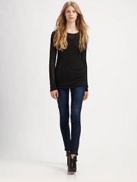 Make a style statement in these stretch-denim skinnies with contrasting leather panels and intricate seaming. THE FITRise, about 9Inseam, about 30THE DETAILSZip flyFive-pocket styleBody: 98% cotton/2% polyurethaneTrim: LeatherDry clean with leather specialistMade in USA of imported fabricModel shown is 5'10 (177cm) wearing US size 4. Make a style statement in these stretch-denim skinnies with contrasting leather panels and intricate seaming. THE FITRise, about 9Inseam, about 30THE DETAILSZip flyFive-pocket styleBody: 98% cotton/2% polyurethaneTrim: LeatherDry clean with leather specialistMade in USA of imported fabricModel shown is 5'10 (177cm) wearing US size 4.