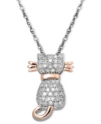 Purrfect your style! Every cat lover should own this adorable sparkling pendant. Crafted in 18k rose gold over sterling silver and sterling silver and decorated with dozens of round-cut diamonds (1/5 ct. t.w.). Approximate length: 18 inches. Approximate drop: 5/8 inch. Purrfect your style! Every cat lover should own this adorable sparkling pendant. Crafted in 18k rose gold over sterling silver and sterling silver and decorated with dozens of round-cut diamonds (1/5 ct. t.w.). Approximate length: 18 inches. Approximate drop: 5/8 inch.