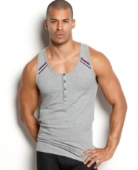 Bare your arms in sleek sporty style with this 2(x)ist detailed button tank. Bare your arms in sleek sporty style with this 2(x)ist detailed button tank.