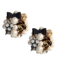 Boldly express yourself with glamorous button earrings. Betsey Johnson's innovative design combines acrylic pearls, glass crystals, and black ribbon accents in a gold tone mixed metal post setting. Boldly express yourself with glamorous button earrings. Betsey Johnson's innovative design combines acrylic pearls, glass crystals, and black ribbon accents in a gold tone mixed metal post setting.