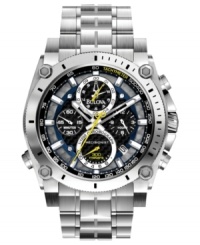 Structured design built to finish the job, by Bulova. This Precisionist collection watch features a continuously sweeping second hand to keep time accurate to ten seconds a year. Structured design built to finish the job, by Bulova. This Precisionist collection watch features a continuously sweeping second hand to keep time accurate to ten seconds a year.