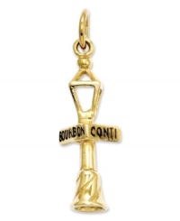 Incorporate the charm of New Orleans into your look. Crafted in 14k gold, charm features the words Boubon Conti engraved on the surface and an iconic street lamp. Chain not included. Approximate length: 1-1/10 inches. Approximate width: 4/10 inch. Incorporate the charm of New Orleans into your look. Crafted in 14k gold, charm features the words Boubon Conti engraved on the surface and an iconic street lamp. Chain not included. Approximate length: 1-1/10 inches. Approximate width: 4/10 inch.