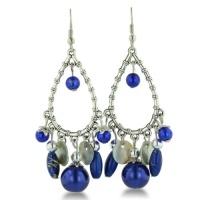 Blue Beaded Faux Pearl Silver Tone 2 1/2 Inch Bamboo Dangle Pear Drop Earrings Blue Beaded Faux Pearl Silver Tone 2 1/2 Inch Bamboo Dangle Pear Drop Earrings