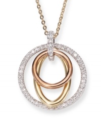 Elegant and eye-catching, this unique pendant presents an on-trend mixture of metallics. The trinity of circles in silver, rose gold and gold tone mixed metal creates a classic and refined look that combines well with any outfit. Approximate length: 15 inches. Approximate drop: 3/4 inch. Elegant and eye-catching, this unique pendant presents an on-trend mixture of metallics. The trinity of circles in silver, rose gold and gold tone mixed metal creates a classic and refined look that combines well with any outfit. Approximate length: 15 inches. Approximate drop: 3/4 inch.