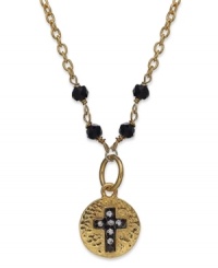 A look that's sure to lift your spirits. This cross pendant, set in 14k gold over sterling silver and oxidized sterling silver, features cubic zirconia accents offset for a lustrous look. Approximate length: 16 inches. Approximate drop: 3/4 inch. A look that's sure to lift your spirits. This cross pendant, set in 14k gold over sterling silver and oxidized sterling silver, features cubic zirconia accents offset for a lustrous look. Approximate length: 16 inches. Approximate drop: 3/4 inch.