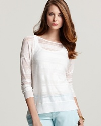 This lightweight Theory sweater flaunts a woven sheer texture for easy layering over tanks. Paired with bright-hued separates, the look is carefree and cool. This lightweight Theory sweater flaunts a woven sheer texture for easy layering over tanks. Paired with bright-hued separates, the look is carefree and cool.
