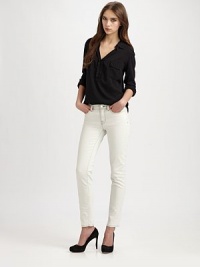 Rock your whites in this ultra-slim five-pocket style outlined in contrast stitching.THE FITSkinny fitRise, about 8Inseam, about 28THE DETAILSZip flyFive-pocket style92% cotton/7% polyester/1% spandexDry cleanMade in USAModel shown is 5'10 (177cm) wearing US size 4. Rock your whites in this ultra-slim five-pocket style outlined in contrast stitching.THE FITSkinny fitRise, about 8Inseam, about 28THE DETAILSZip flyFive-pocket style92% cotton/7% polyester/1% spandexDry cleanMade in USAModel shown is 5'10 (177cm) wearing US size 4.