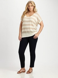 Sparkly stripes lend a glamorous touch to this top. You will love the feminine neckline and relaxed fit. U-neckShort sleevesAllover stripesAbout 27 from shoulder to hem45% rayon/18% lurex/16% cotton/16% polyester/5% spandexMachine washMade in USA Sparkly stripes lend a glamorous touch to this top. You will love the feminine neckline and relaxed fit. U-neckShort sleevesAllover stripesAbout 27 from shoulder to hem45% rayon/18% lurex/16% cotton/16% polyester/5% spandexMachine washMade in USA