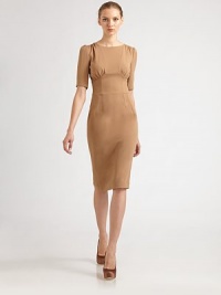 Form-fitting and flattering with gathered details in a classic sheath silhouette.JewelneckThree-quarter sleevesConcealed back zipperGathered, seamed bodiceFront and back dartsBack ventAbout 26 from natural waist51% viscose/46% acetate/3% elastaneDry cleanMade in Italy of imported fabric Model shown is 5'10 wearing US size 4. Form-fitting and flattering with gathered details in a classic sheath silhouette.JewelneckThree-quarter sleevesConcealed back zipperGathered, seamed bodiceFront and back dartsBack ventAbout 26 from natural waist51% viscose/46% acetate/3% elastaneDry cleanMade in Italy of imported fabric Model shown is 5'10 wearing US size 4.