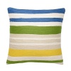 Bright, bold stripes in watercolor hues stream across this hand-embroidered decorative pillow.